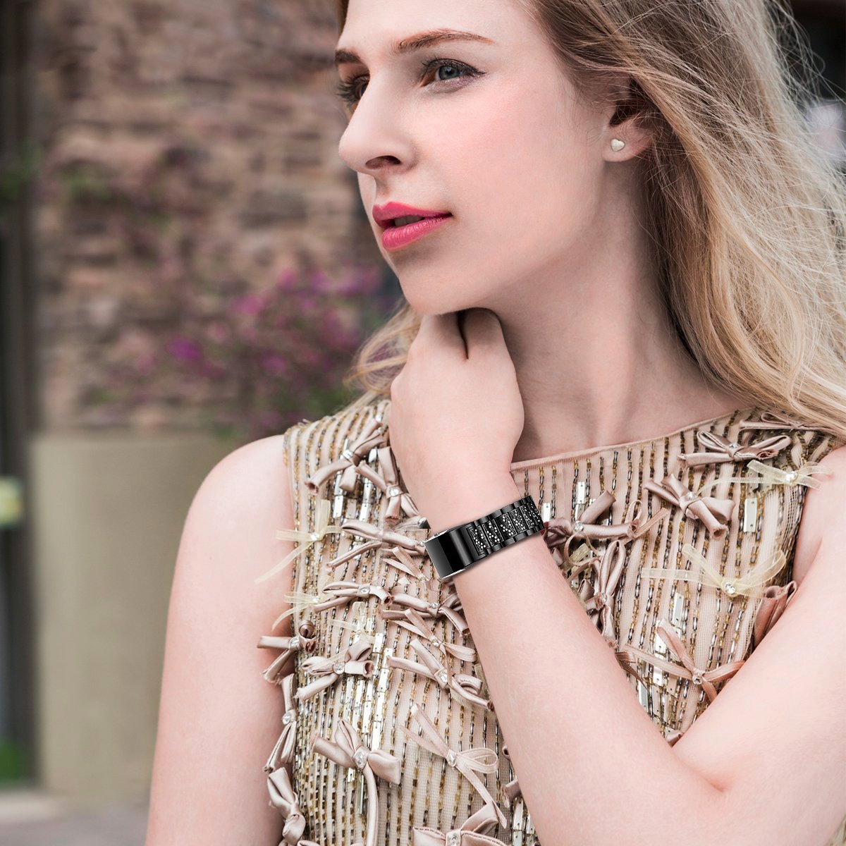 Fitbit Charge 2 Band, iBazal Stainless Steel Watch Band with Crystal Rhinestone Chain Bracelet Replacement Strap for Fitbit Charge 2 - Stylish Black