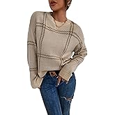 SOLY HUX Women's Knit Sweater Crew Neck Long Sleeve Plaid Pullover Tops Fall Clothes