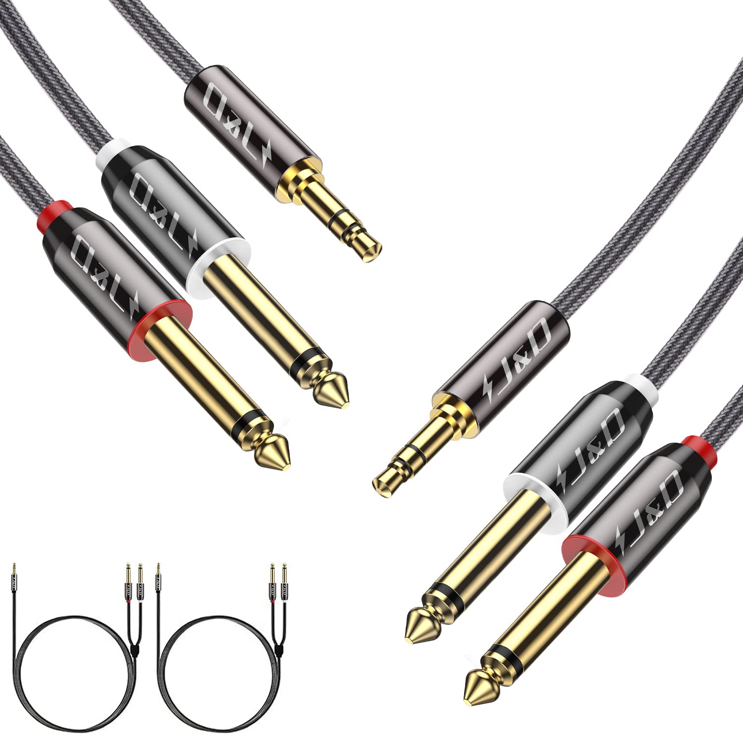 J&D 2-Pack 3.5mm 1/8 in TRS Male to Dual 6.35mm 1/4 in TS Male Mono Stereo Y-Cable Splitter for Amplifier/Mixer Speaker/Laptop, Nylon Braid, Gold Plated Copper Shell, 0.9 M