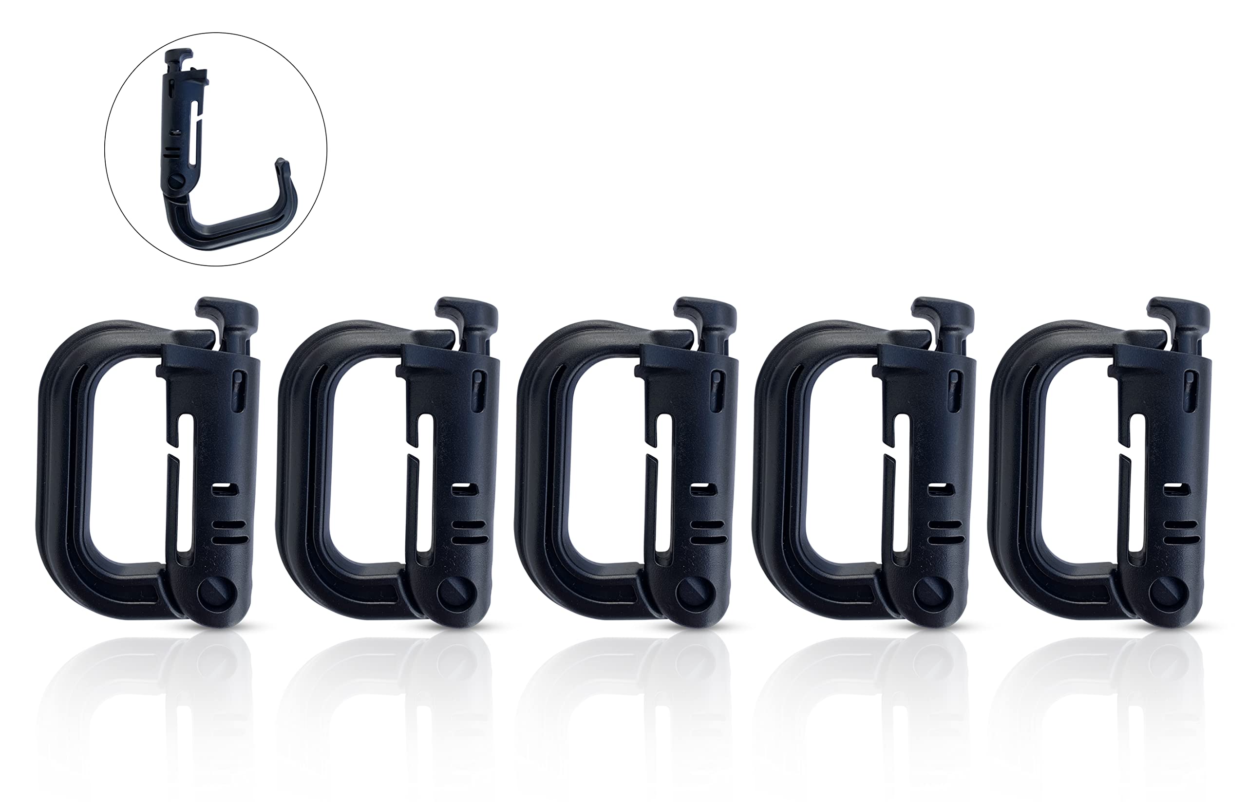 Holesto® Plastic Carabiner – 5 Pack – Tactical Black Clip with Spring Lock – Large Molle D-Ring for Backpack, Camping & Outdoor – Durable ABS Hook (Molle Black)