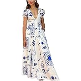 Hykytyhk Womens Summer Maxi Dress Puff Short Sleeve Sexy V Neck Floral Casual Dresses with Pockets