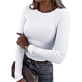 Roselux Womens Long Sleeve Stretch Crewneck Ribbed T-Shirt Fitted Casual Basic Tops