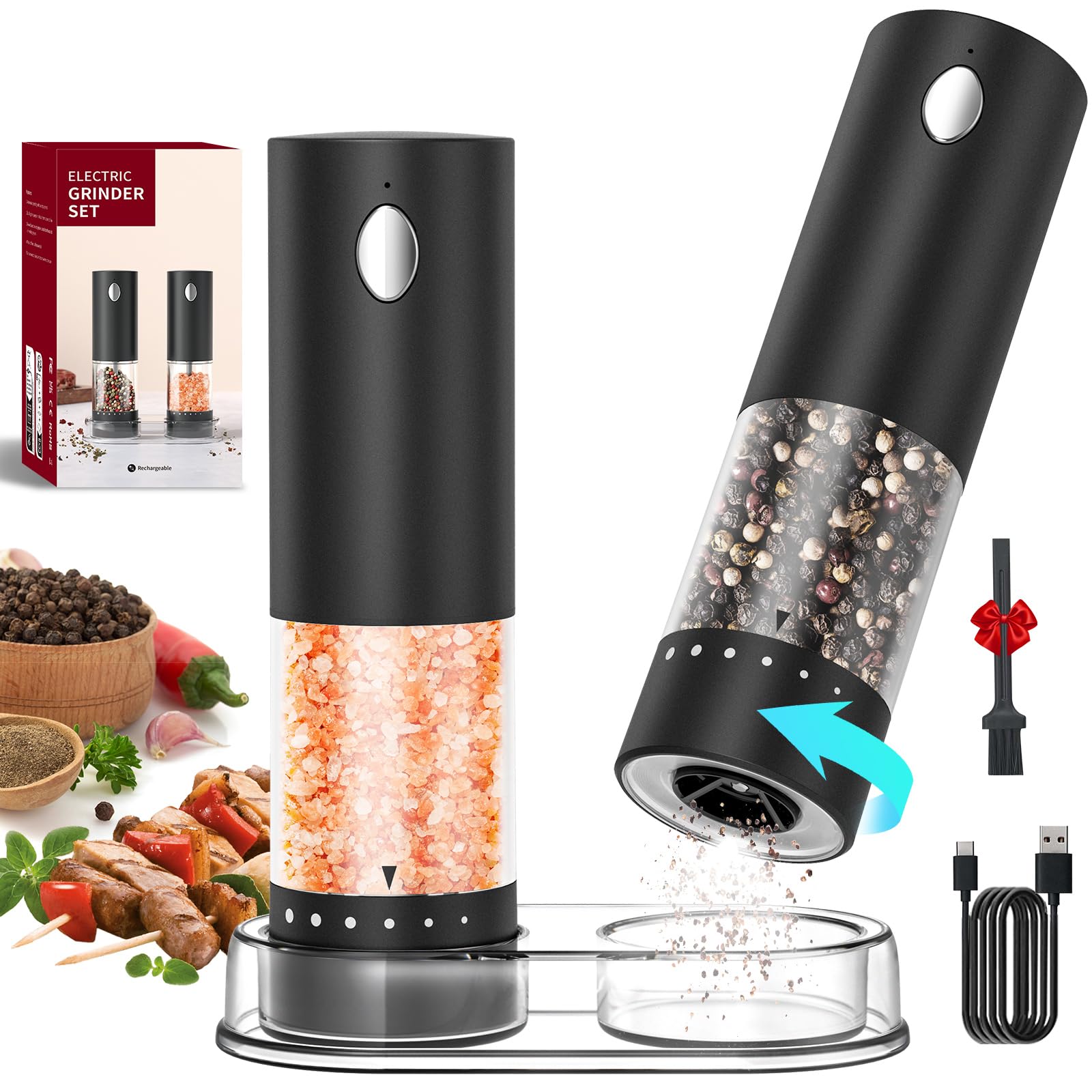 Photo 1 of CIRCLE JOY Electric Salt and Pepper Grinder Set Rechargeable Salt and Pepper Mills with 6-Level External Adjustable Coarseness, White LED Light and Storage Base, Black