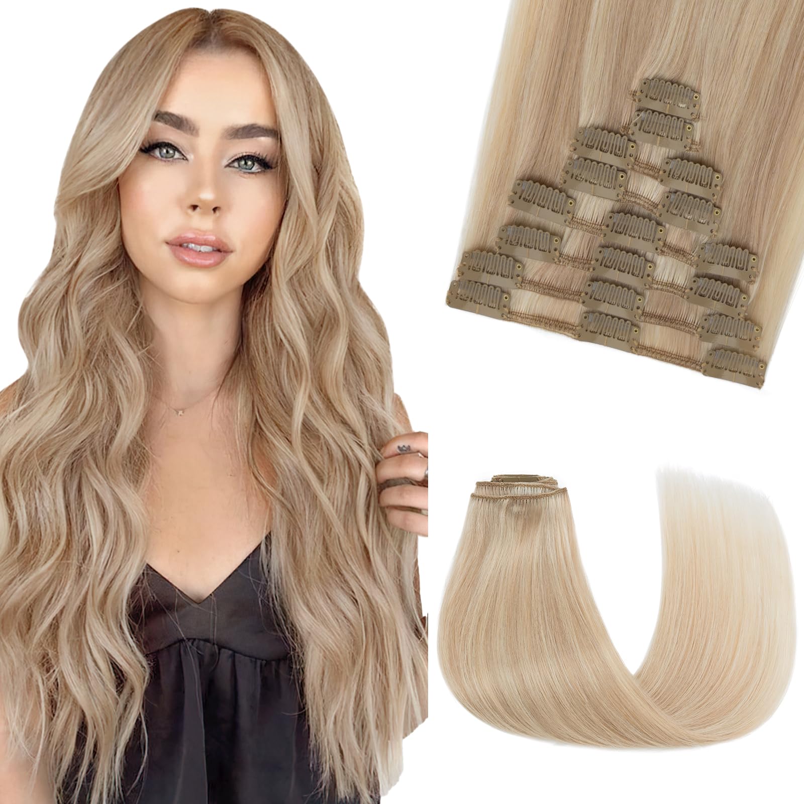 SEGOHAIR 8 PCS Hair Extensions Clip in Real Human Hair, 18 inch Thin Full Head Human Hair Extensions Straight - Honey Blonde with Pale Blonde(70g) — image 1
