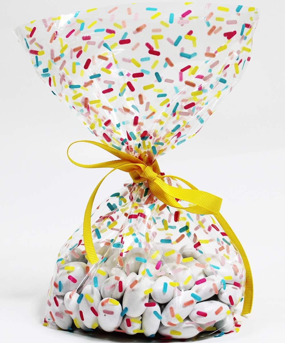 Donut Sprinkles Cellophane Treat Party Favor Bags with Grosgrain Ribbon Ties. Pack of 12 Large Goodie Gift Bags for Kids, Girls Birthday Parties, Baby Showers & Celebrations. Multicolor Pastel