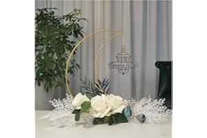 ElodieAu Ramadan Kareem Decorations, Moon Shaped Wreaths Table Top Decor with Castle Sign, Eid Ramadan Mubarak Metal Rings Floral Home Ornaments, for Desktop Fireplace Office Bedroom Party Supplies