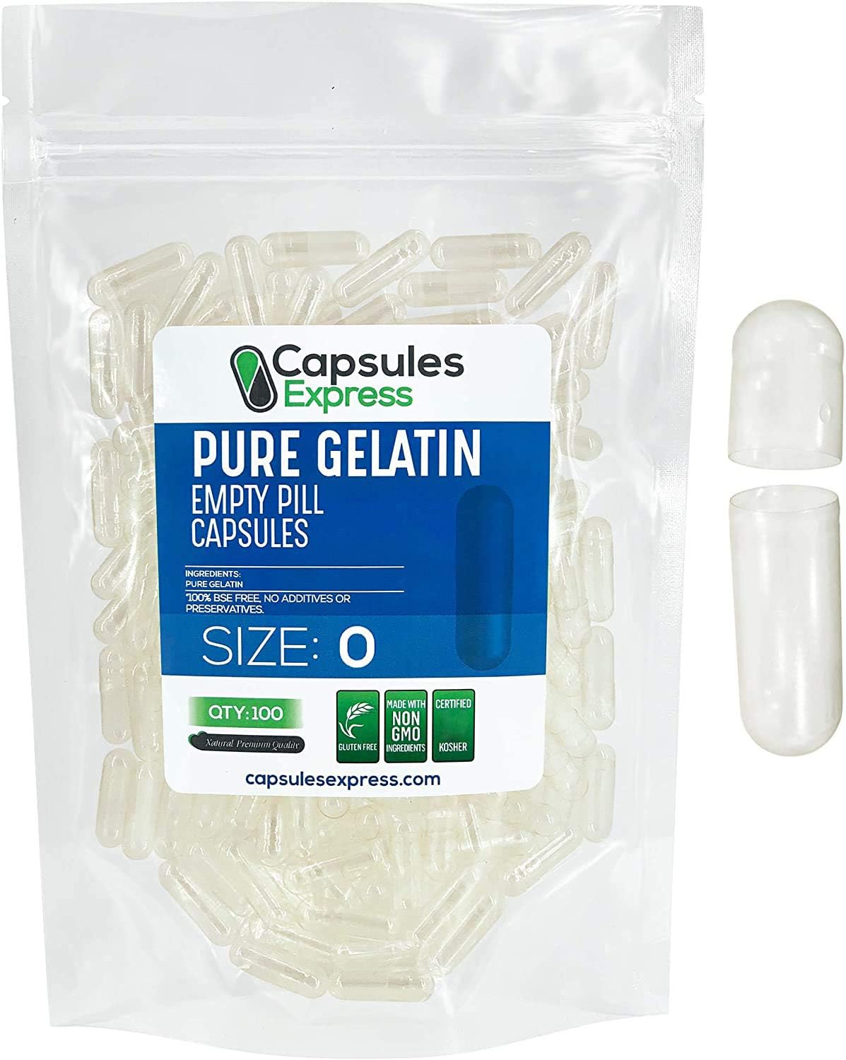 Capsules Express- Size 0 Clear Empty Gelatin Capsules 100 Count - Kosher and Halal - Pure Gelatin Pill Capsule - DIY Powder Filling