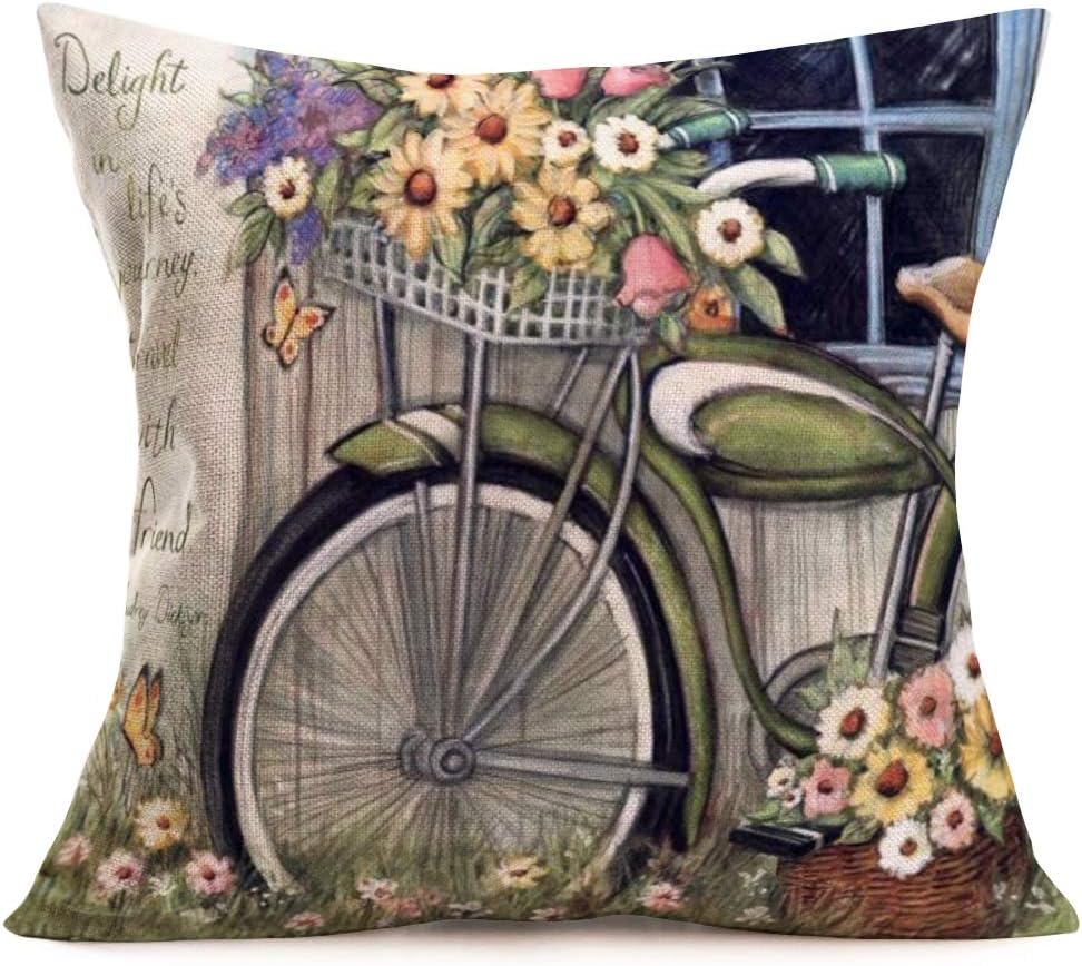 Aremazing Vintage Bicycle Flower Pillow Cases Cushion Cover Oil Painting Bike with Beautiful Daisy Flower Butterfly Decorative Cotton Linen Throw Pillow Covers Spring Farmhouse Decor 18''x18'',Letters