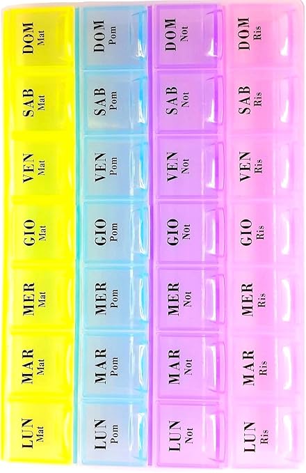 title=PortaPillole Settimanale 28 Scomparti Colorati- (ITALIANO)- 4 Scomparti x 7