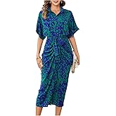 MakeMeChic Women's High Waist Belted Shirt Dress High Split Printed Collar Neck Short Sleeve Midi Dress