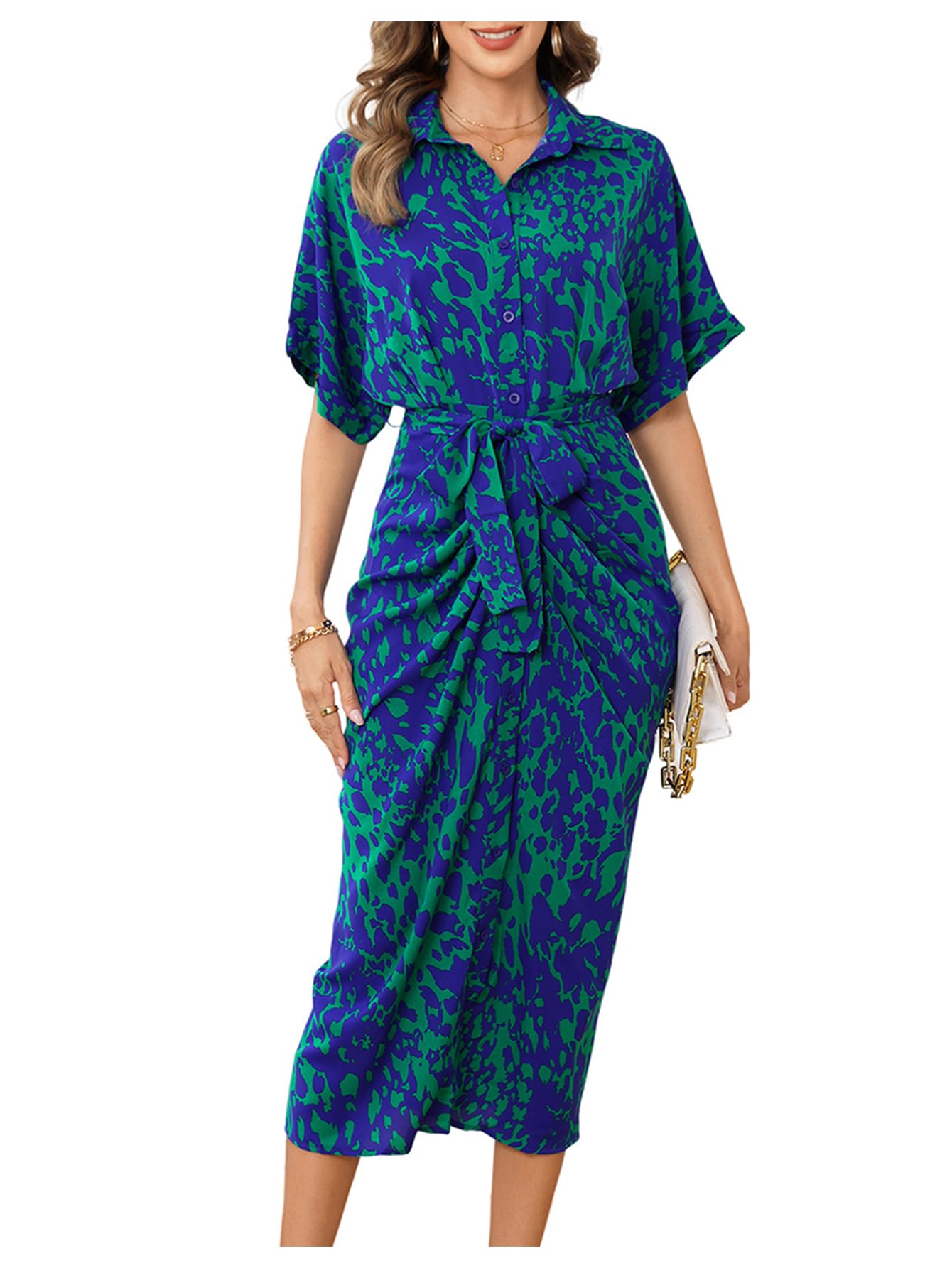 Photo 1 of MakeMeChic Women's High Waist Belted Shirt Dress High Split Printed Collar Neck Short Sleeve Midi Dress Blue and Green X-Large