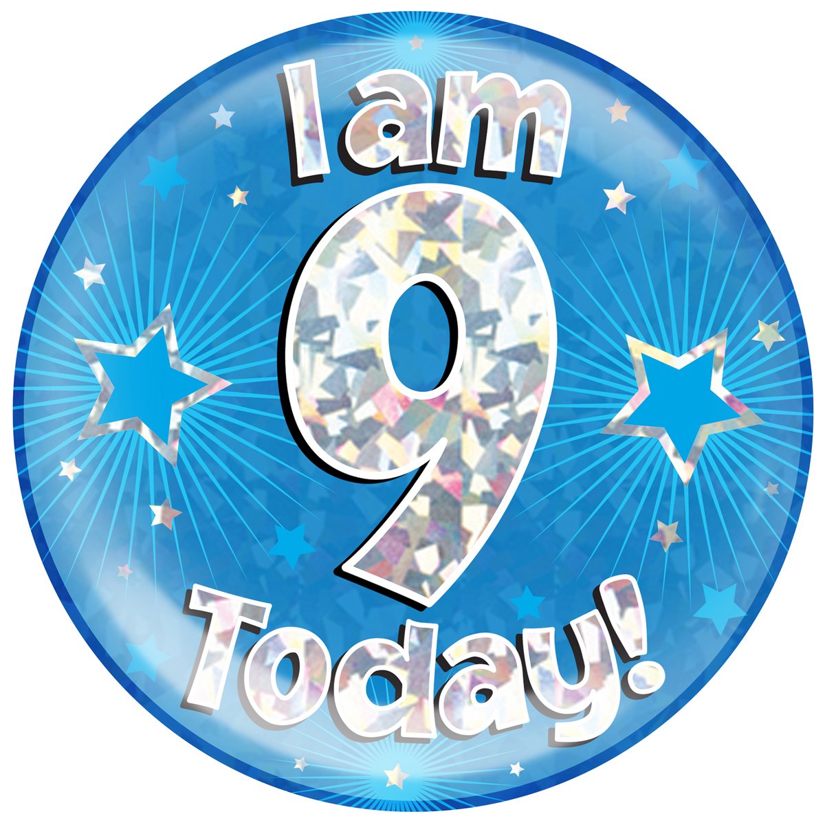 Eleganza 633414 6 Inches Jumbo Badge I Am 9 Today Blue Holographic Cracked Ice