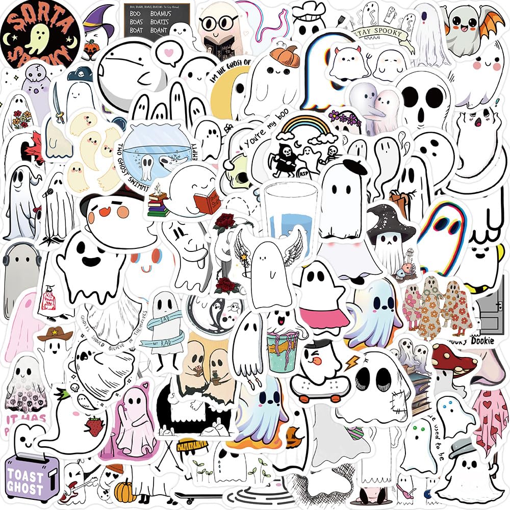100 Packs Mini Cute Halloween Ghost Stickers for Water Bottles Laptop Car Phone Guitar Skateboard Computer Scrapbook Wall Home, Lovely Ghost Meme Vinyl Waterproof Aesthetic Decals Stickers