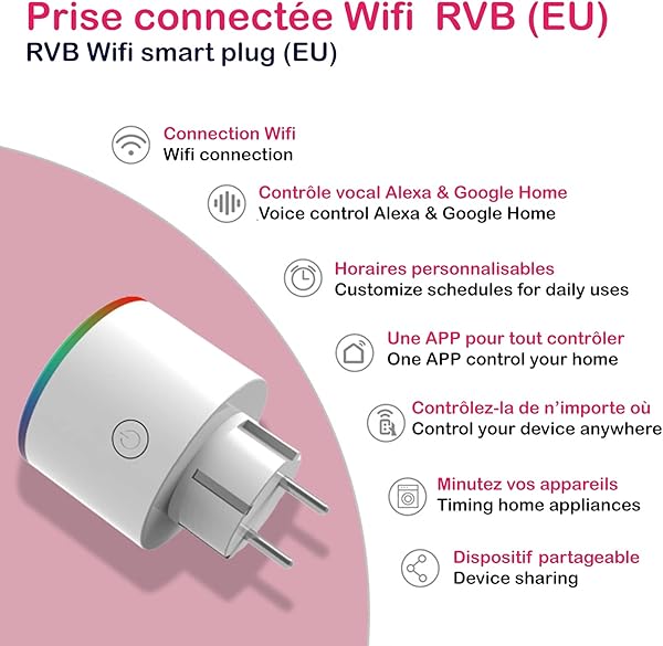 Enchufe programable inteligente WiFi LED RGB EU tipo F compatible con Alexa Google Home enchufe elctrico de 16 A con control remoto y Vocal Smart Life sin HUB