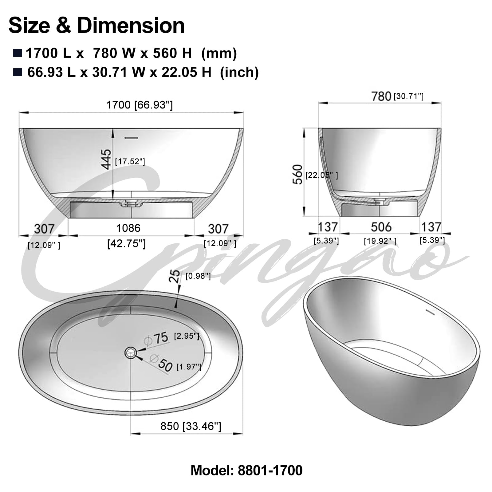 Cpingao 67" Freestanding Bathtub, Oval Shaped Stone Resin Freestanding Tubs, Solid Surface Matte