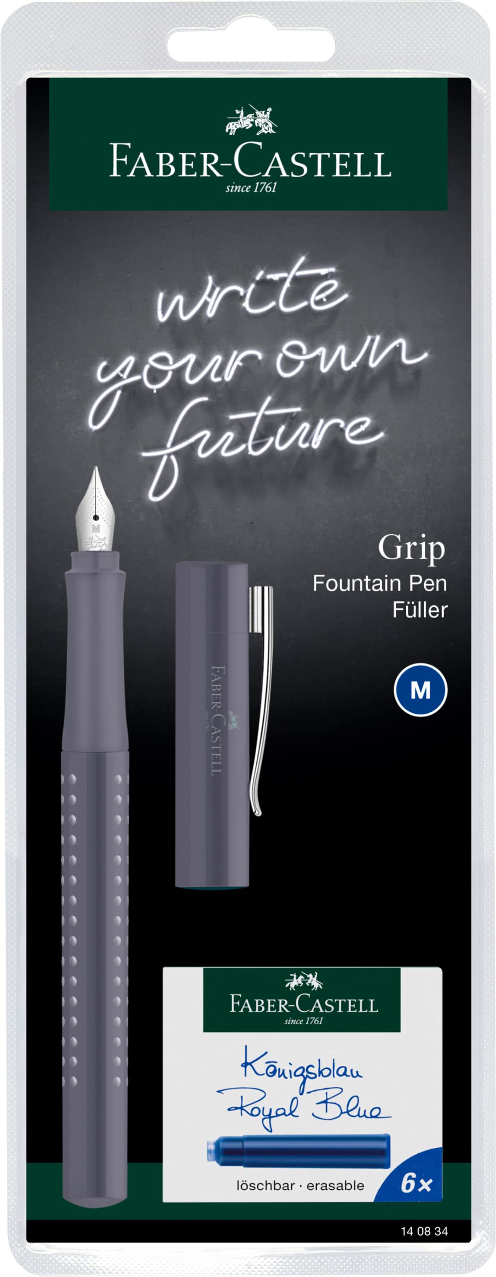 Faber-Castell Grip 2010 140834 Fountain Pen Nib Width M Dapple Grey includes Six Ink Cartridges in Blue