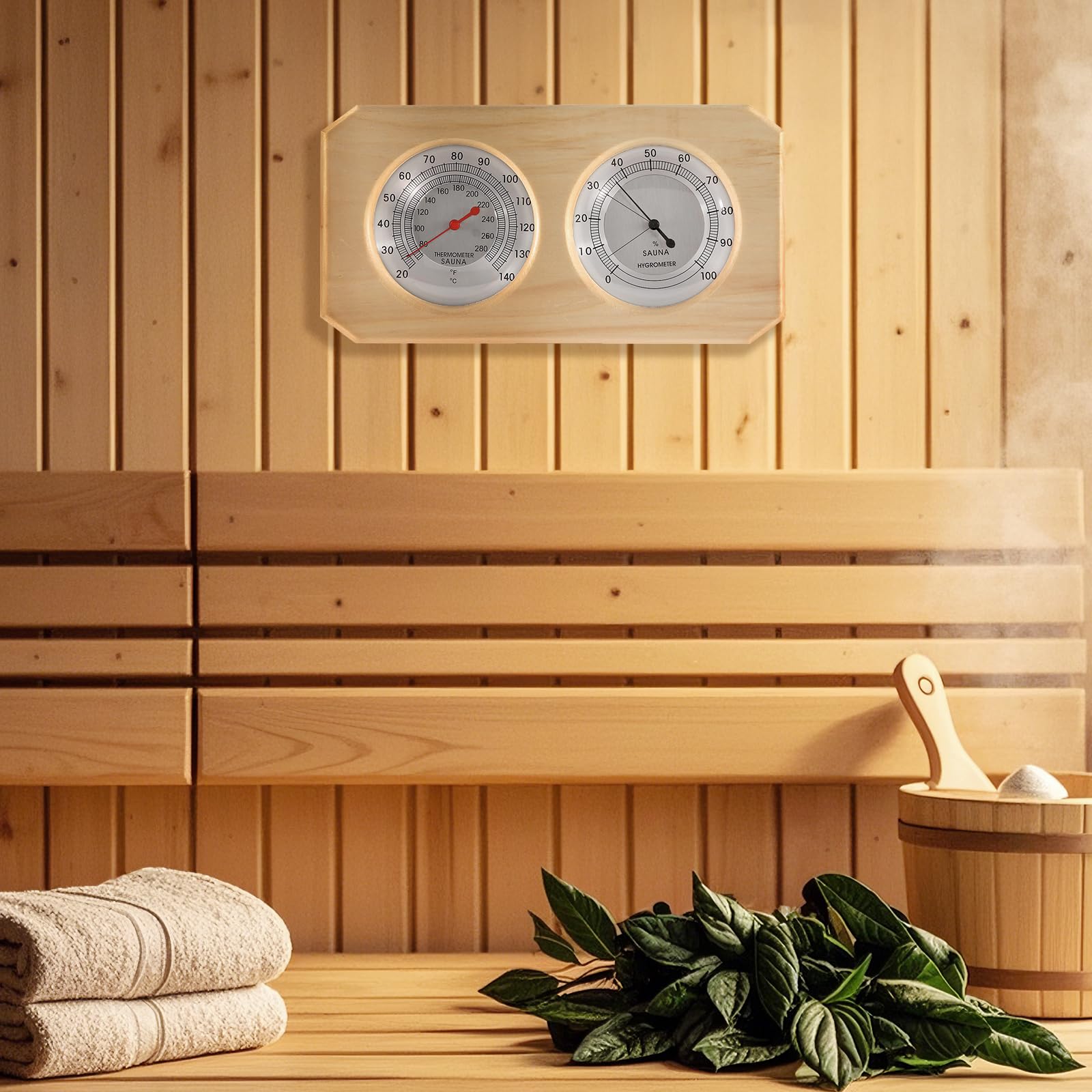 Photo 1 of Dyna-Living Sauna Thermometer and Hygrometer 2 in 1 Sauna Thermometer Fahrenheit Indoor Sauna Temperature Humidity Gauge, Wood Hanging Sauna Thermometer