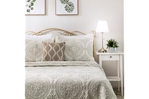 ELEGANT LIFE HOME Reversible Medallion Embroidered Bedding Solid 100% Cotton Quilt - Queen 90’’ x 95’’, Ivory