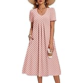 Zeagoo Summer Dress for Women Casual Floral Midi Sundress with Pockets V Neck Pleated Short Sleeve Aline Beach Vacation Dress