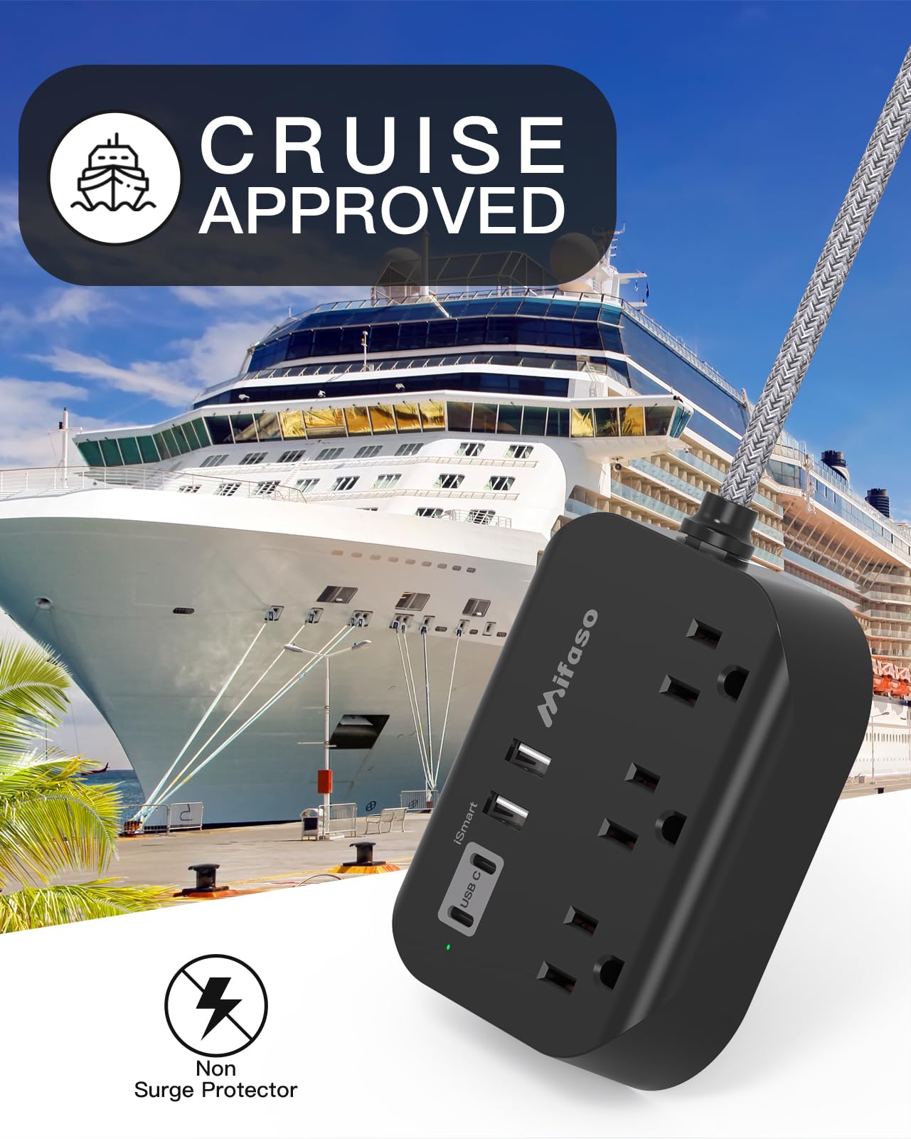 Travel Essentials - Mifaso Power Strip with USB, Compact Flat Plug Extension Cord 5ft with 3 Outlets 4 USB Ports, Non Surge Cruise Must Haves, Cruise Ship Essentials, Dorm Room, Apartment Essentials