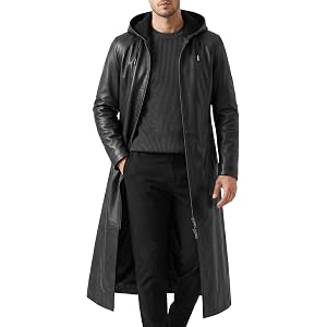 TRENDS GENESIS Men's Long Hooded Leather Coat Real Lambskin Full Length