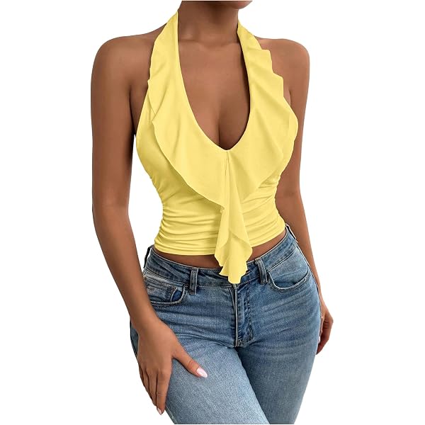 MakeMeChic Women's Draped Front Halter Crop Top - Tie Back, Open Back Ring Tank For Clubwear & Parties