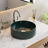 MIJIC 15.7" Dark Green Round Fluted Ceramic Vessel Sink | Modern Minimalist Fluted Design, Durable Premium Ceramic, Smooth Glaze Easy To Clean, Deep Basin Prevents Water Splashes