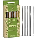 Stainless Steel Reusable Drinking Straws 6" Short & Safer Straws for Kids, Coffee, Bar, Cocktail Glasses, Half Pint Jars, Ecologically Friendly, Set of 4 Metal Straws with Brush & Silicone Tips(US)