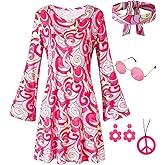 DANBAIEGG 7 PCS 70s Disco Outfit Women Dress Halloween Costume Hippie Clothes Accessories Jewelry