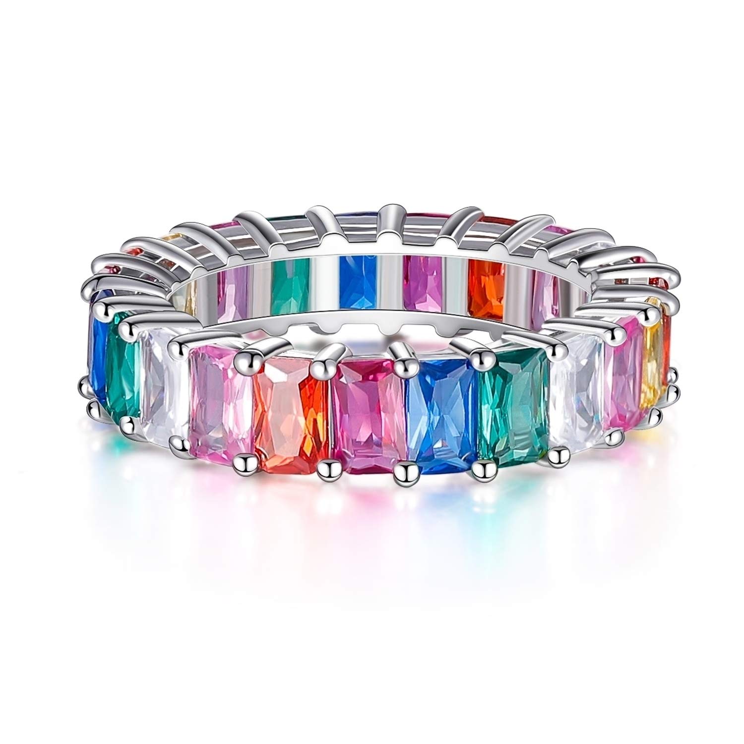 XBRN 18K White Gold Plated Cubic Zirconia Rings Emerald Cut Multicolor Rainbow Eternity Ring Bands for Women