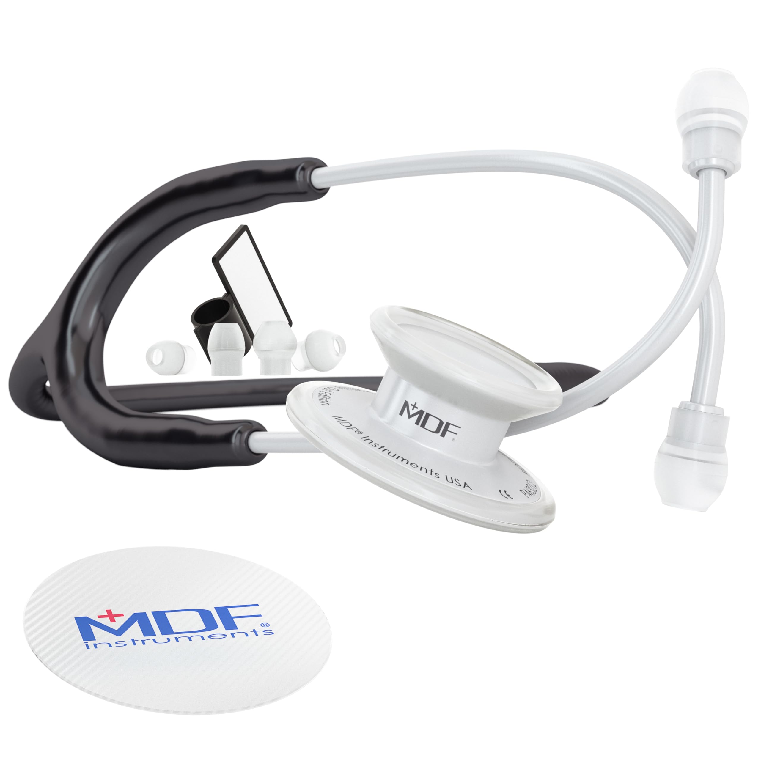 MDF Instruments, MD One Stainless Steel Premium Dual Head Stethoscope, Black Tube, Whiteout Chestpieces-Headset, MDF777WO11 — image 1