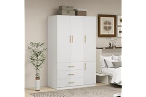 ModMakers 74.2" H 3-Door 3-Drawer White Wood Wardrobe Armoire Closet Modern Freestanding Bedroom Armoire Organizer with Hanging Rod Shelves Clothes Cabinet for Bathrooms Clothes Shoes Storage