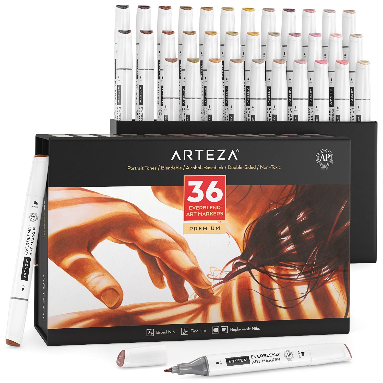 ARTEZA Alcohol Markers – Set of 36 Portrait & Skin Tone EverBlend Dual Tip Markers with Fine and Chisel Nibs and Organizer Box for Drawing Image