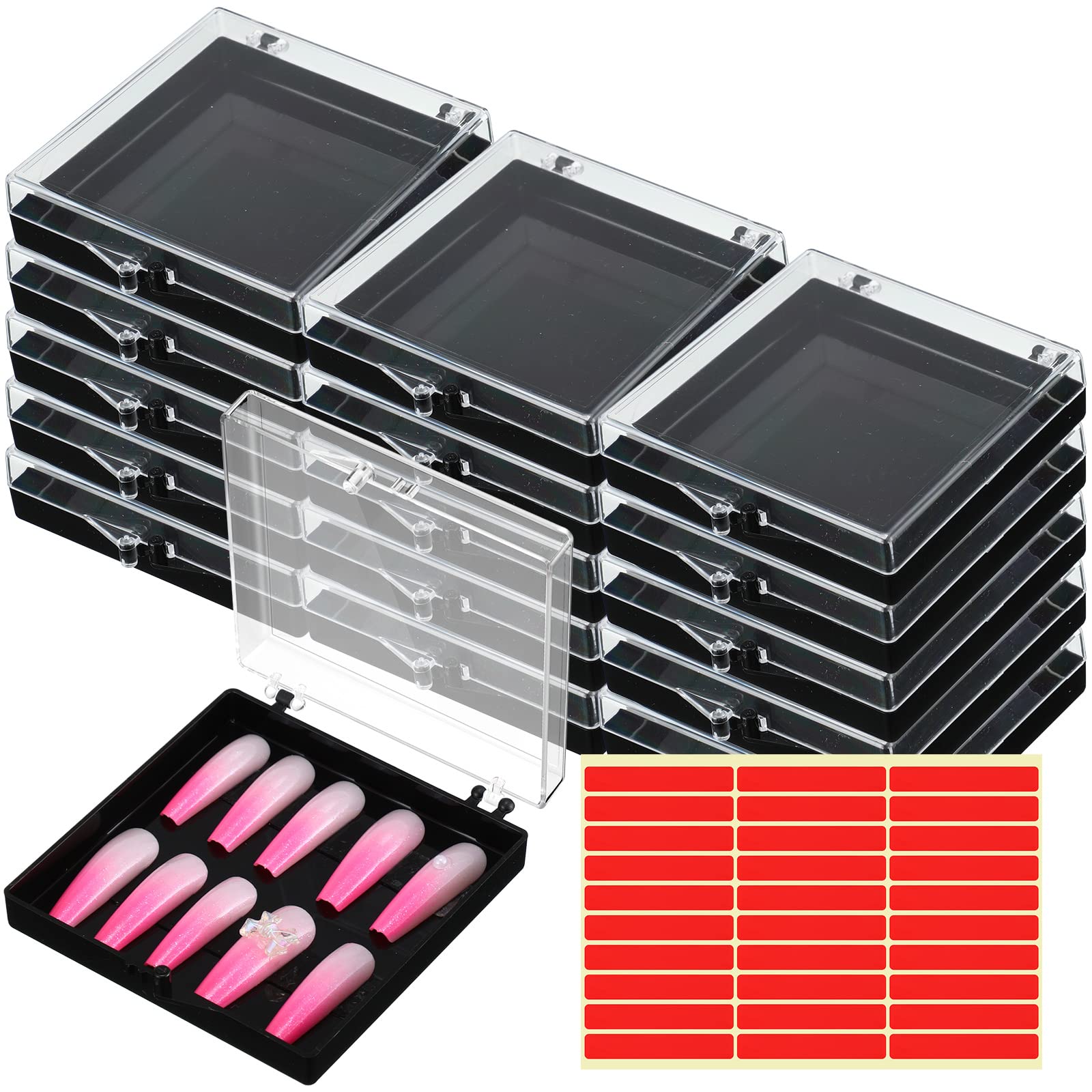 Photo 1 of Landhoow 15 Pcs Press On Nail Boxes Nail Display Case with 30 Adhesive Tape, Artificial Press On Nail Container, Acrylic Storage Organizer(Black)