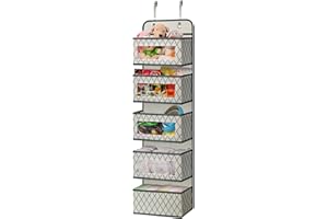 VERONLY Over the Door Hanging Pantry Storage Organizer with 5 Large Pockets with Clear PVC Window & 2 Big Metal Hooks for Closet,Bathroom,Nursery,Bedroom,Dorm,Baby Diapers,Kids Toys, Food,Snacks (Beige)