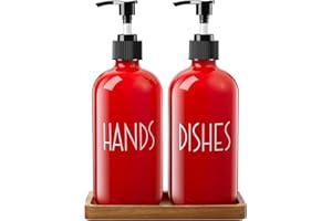 ALELION Dish Soap Dispenser for Kitchen - 16 OZ Glass Soap Dispenser with Pump - Hand Soap Dispenser Set with Acacia Wood Tray - Red Kitchen Bathroom Decor and Accessories
