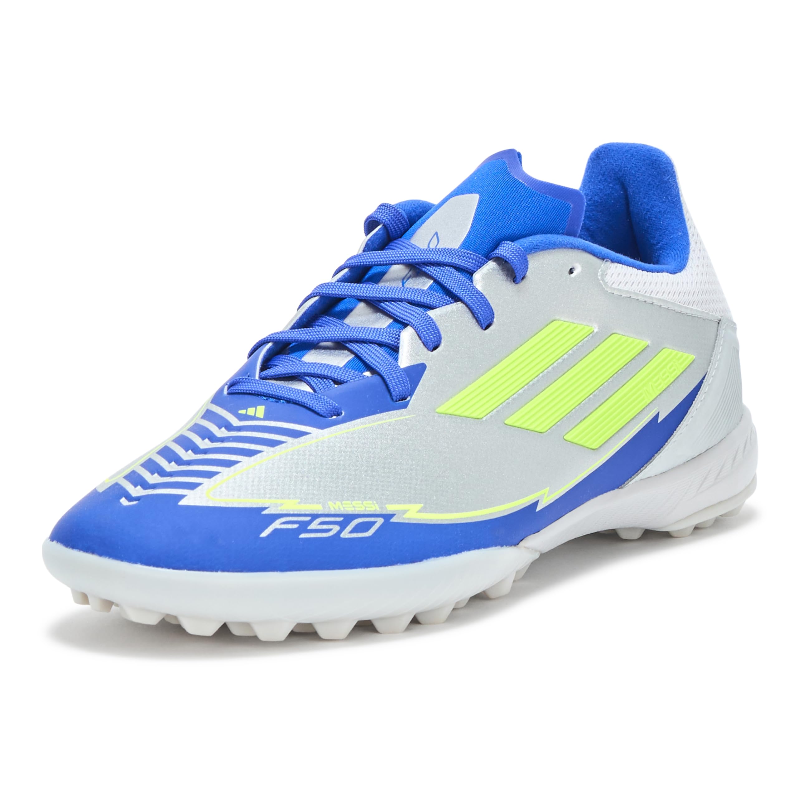 Photo 1 of adidas Unisex-Adult F50 League Messi Turf Soccer, Silver Metallic/Solar Yellow/Lucid Blue, 4.5