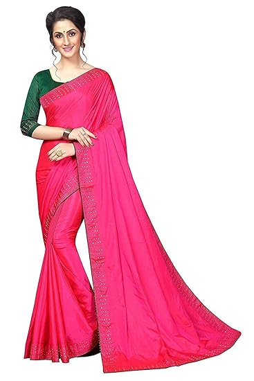 Market Magic World Womens Sana Silk Stone Studded Saree with Contrast Blouse