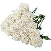 Carlita‘s Blooms 15pcs Ivory Roses Artificial Flowers Silk Fake Flowers Realistic White Roses Bouquet Long Stem for Wedding Home Party Birthday Decoration
