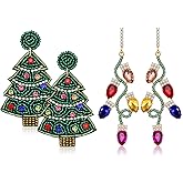 2 Pairs Christmas Earrings for Women Beaded Christmas Tree Dangle Earrings Xmas Long Tassel Light Bulb Statement Earrings Christmas Festive Accessory Jewelry Gifts for Women