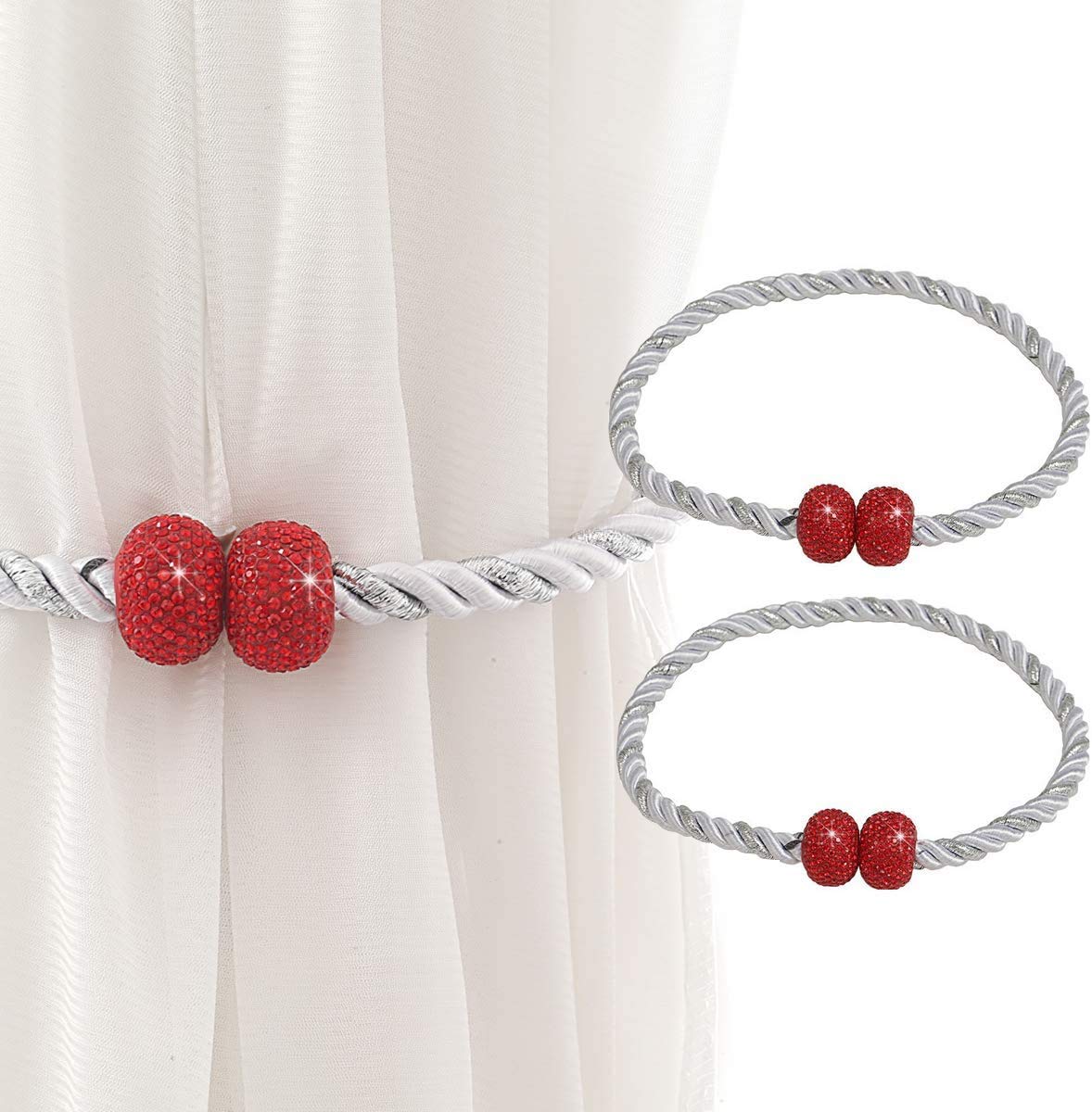 Magnetic Curtain Tiebacks Crystal Drapery Tie Backs Weave Holder for Draperies Sheer Curtains 2 Packs Shining Decorative Curtain Holdbacks Clips for Bedroom Living Room Window Treatments (Red)