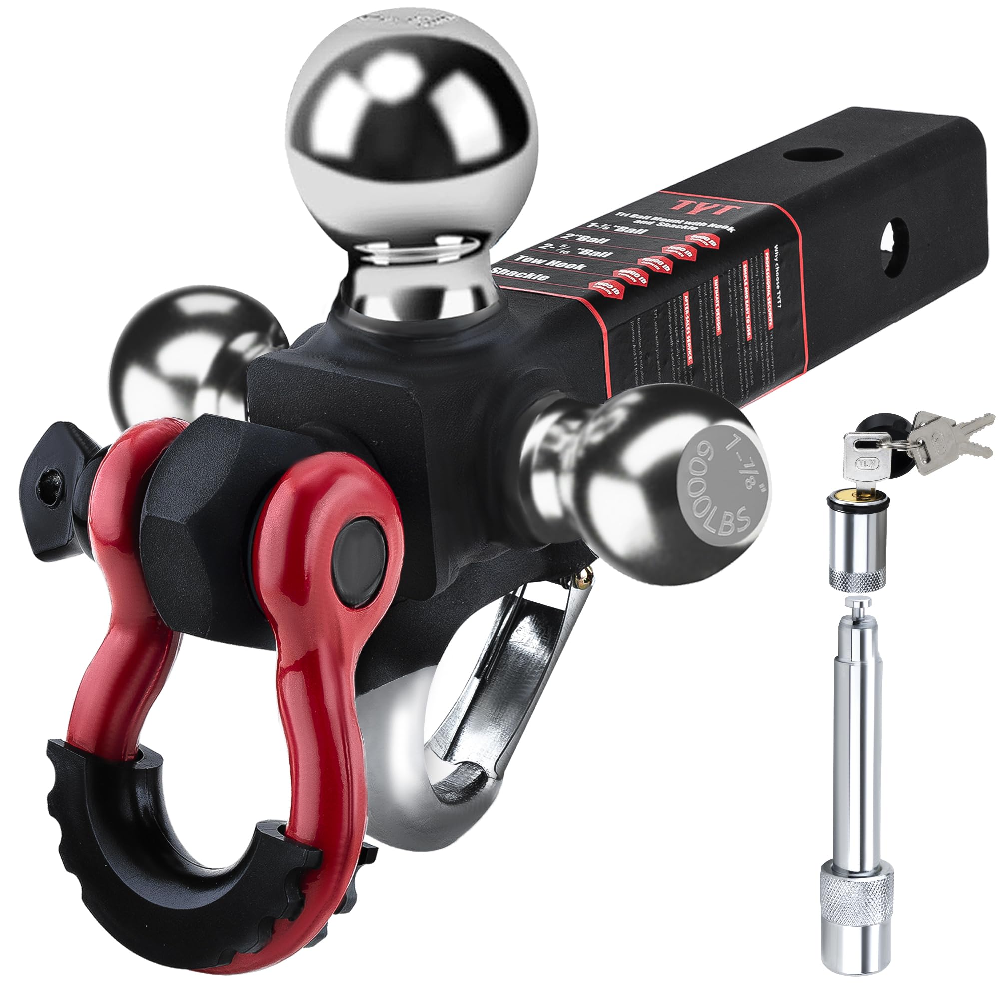 Photo 1 of TYT Tri Ball Hitch Trailer Mount with Locks,Tow Hook & Clevis Shackle, Fits 2 inch Hitch Receiver with 2-5/16",2",1-7/8" Hitch Ball, Black