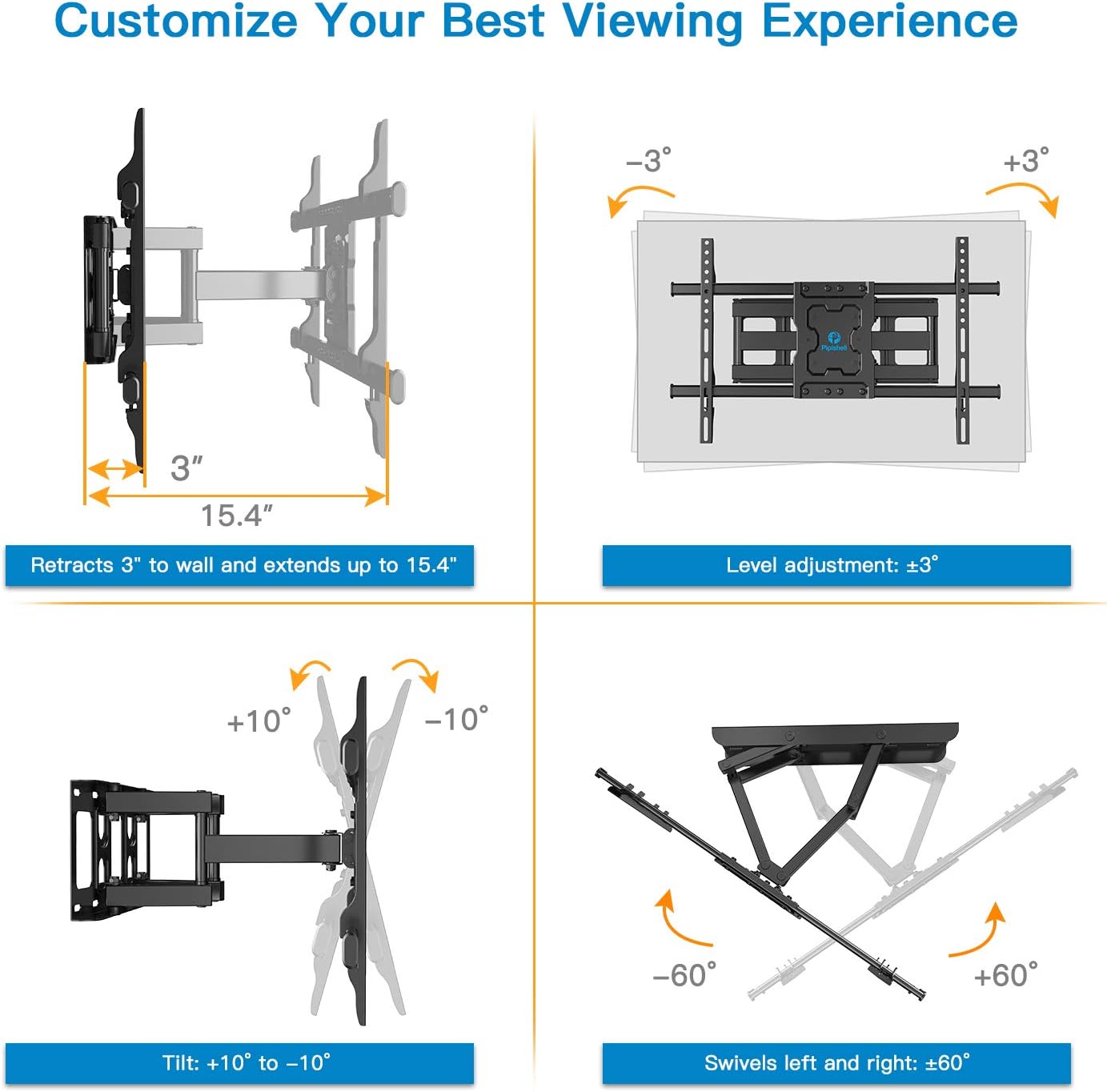 Full Motion TV Wall Mount Bracket Dual Articulating Arms Swivels Tilts Rotation for Most 37-70 Inch LED, LCD, OLED Flat Curved TVs, Holds up to 132lbs, Max VESA 600x400mm by Pipishell: Home Audio & Theater