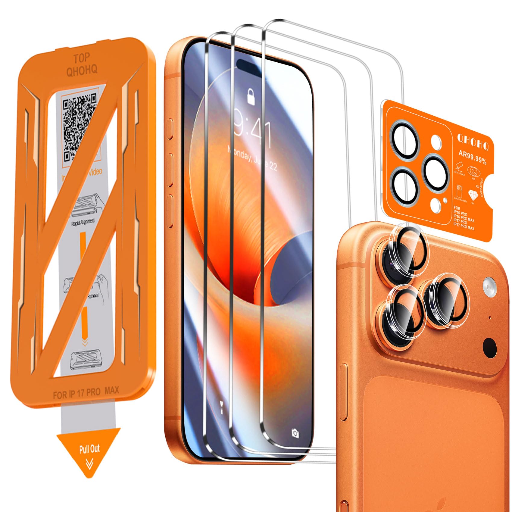 Photo 1 of QHOHQ [1-Second Auto-Install] 3 Pack Screen Protector for iPhone 17 Pro Max [6.9 Inch] + 1 Set Camera Lens Protector, 9H+ Shatterproof Tempered Glass, [12FT Military Grade Protection], Case Friendly