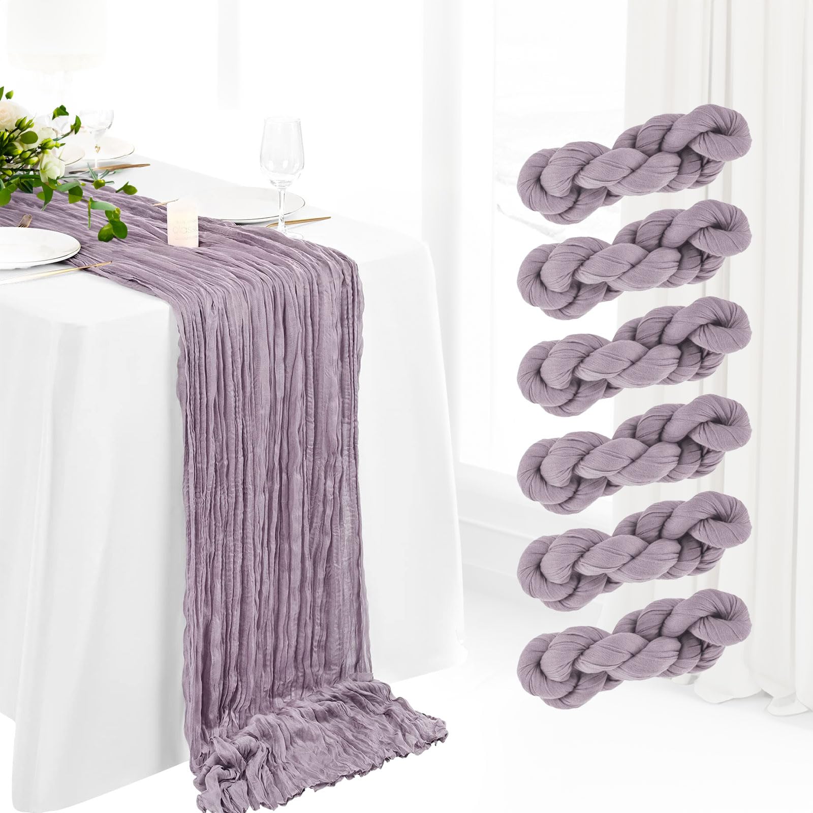 Photo 1 of 6 Pack Cheesecloth Table Runner 10Ft Boho Gauze Table Runner Cheese Cloth Long Rustic Sheer Table Runner for Wedding Bridal Baby Shower Birthday Party Cake Table Arbor Decorations (Grape)