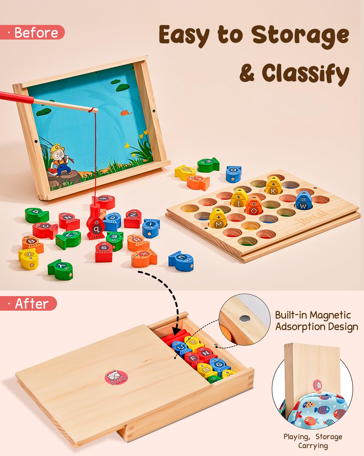 JoyCat Wooden Magnetic Fishing Game for Toddlers, Alphabet Educational Color Sorting Games Puzzle, Fine Motor Skills Toy with Letters, Preschool Learning ABC Toys Easter Gift for Kids 3 4 5 Years Old