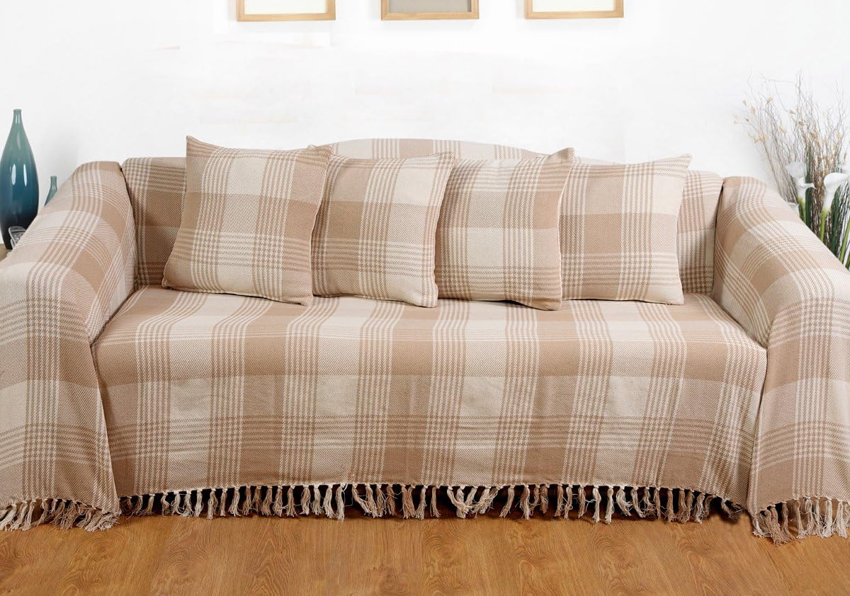 EHC Premium Reversible 100% Cotton Large 225 x 250 cm Tartan Throws for Sofa Bedspread, Beige, Beige / Natural, King(225 x 250 cm) - Image 3