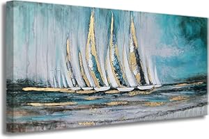 Anolyfi Blue Abstract Canvas Wall Art Teal Ocean Sailboat Picture Modern Coastal Nautical Painting, Textured Artwork Large Framed for Living Room Bedroom Bathroom Kitchen Office Home Decor 40"x20"