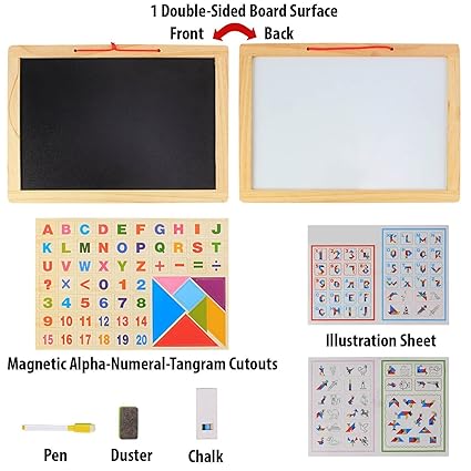 Storio Wooden Frame Double Sided Magnetic Whiteboard and Black Slate with Alphanumeric, Mathematical Signs and Tangram Boards for Kids