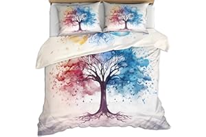 Tree Duvet Cover 90" x 90", Colorful Tree of Life Bedding Set, Watercolor Trees Comforter Cover with Zipper Ties